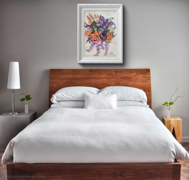 Bedroom with custom wedding bouquet painting on wall