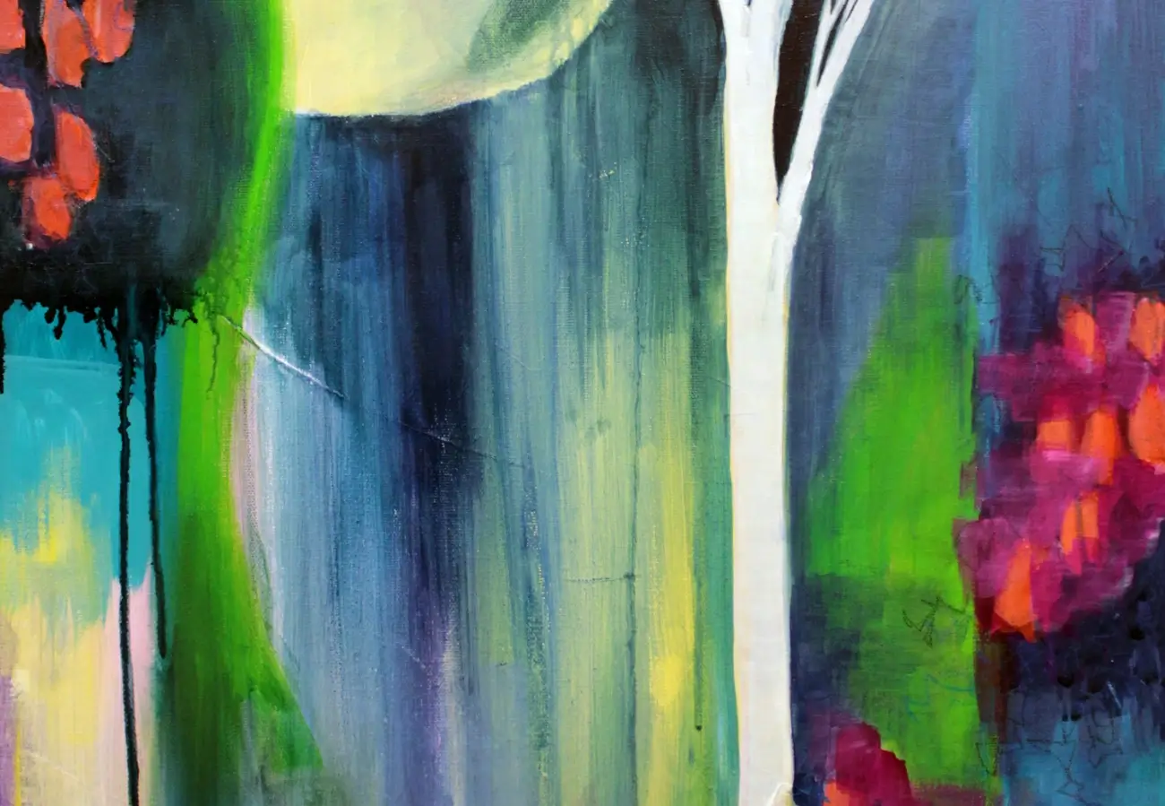 abstract moonscape painting with moon and trees